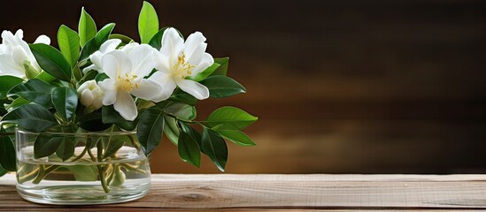 White flowers in vase on wooden table