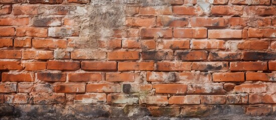 Close-up view of a weathered brick wall with a concrete block