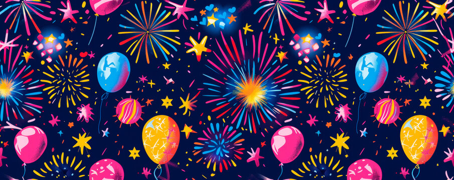 Bright and vibrant fireworks explode in the sky, surrounded by colorful balloons against a deep blue background. America's Independence Day. Seamless pattern. Banner