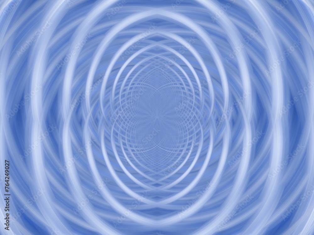 Poster blue background with symmetrical pattern, oval and round shapes and effect of rays in motion, blur, 