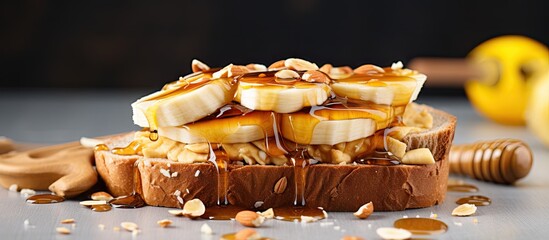 Sandwich with banana, peanut butter, and syrup - obrazy, fototapety, plakaty