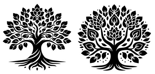 black vector round trees with intricate branch patterns vector illustration silhouette laser cutting black and white shape