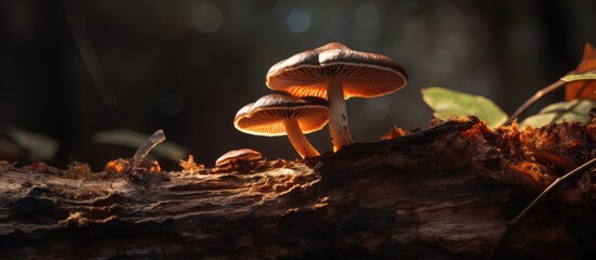 Forest mushrooms growing on a tree stump surrounded by leaves - Powered by Adobe