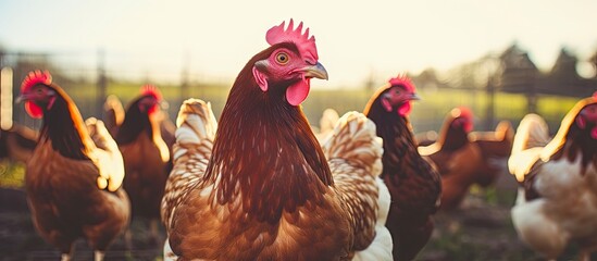 Chickens standing orderly in a field by a fence - obrazy, fototapety, plakaty