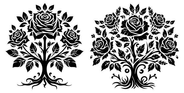 black vector stylized rose trees with leafy branches vector illustration silhouette laser cutting black and white shape