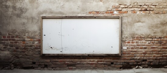 Whiteboard on building wall, empty photo frame on aged brick wall