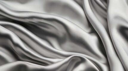 A high quality texture of a piece of cloth, in a silver shiny color, very luxury and expensive, fashion trend style, fabrics and silk material, close up of wavy and rippled background, AI Generated.