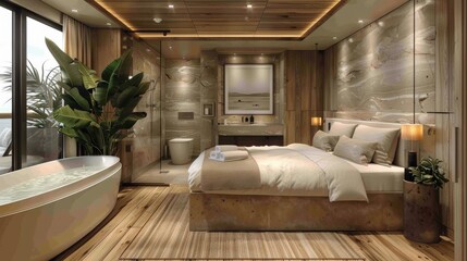 Fototapeta na wymiar Bedroom With Large Bed and Bathtub