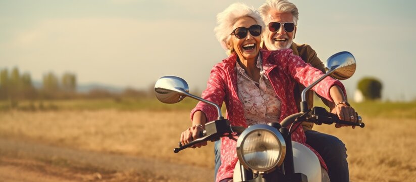 Senior couple riding motorcycle on country road