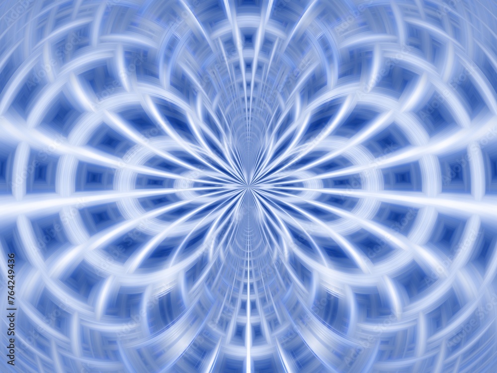 Poster blue background with symmetrical pattern, oval and round shapes and effect of rays in motion, blur, 
