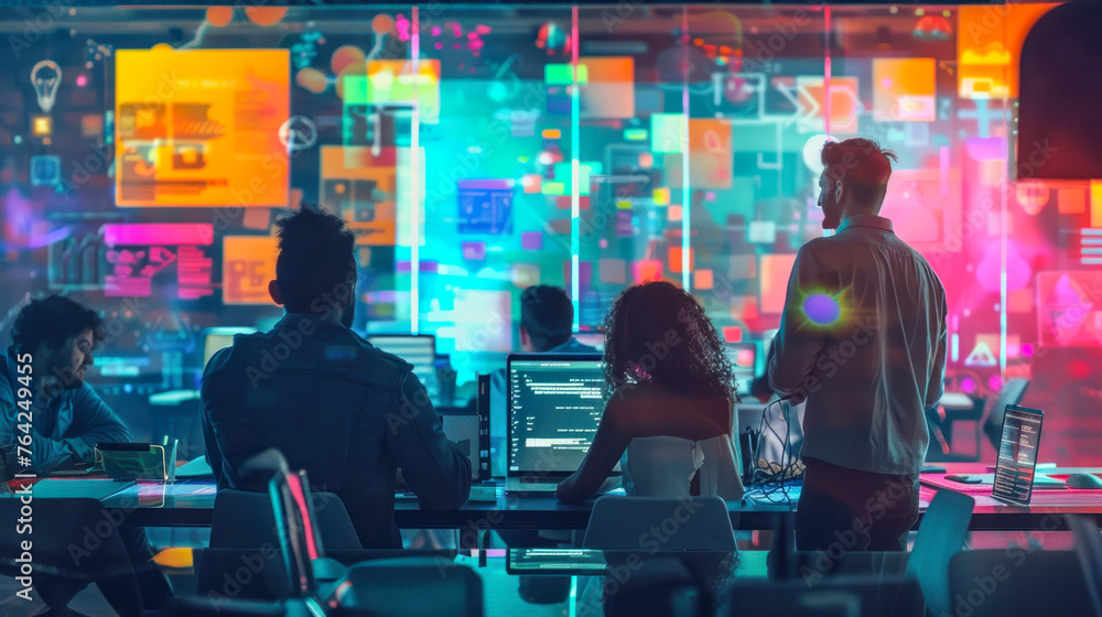 Poster a group of professionals engaged in work within a high-tech control environment filled with digital 