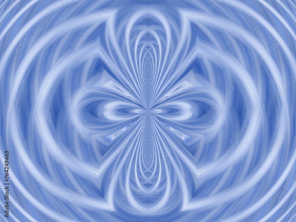 Poster blue background with symmetrical pattern, oval and round shapes and effect of rays in motion, blur, 