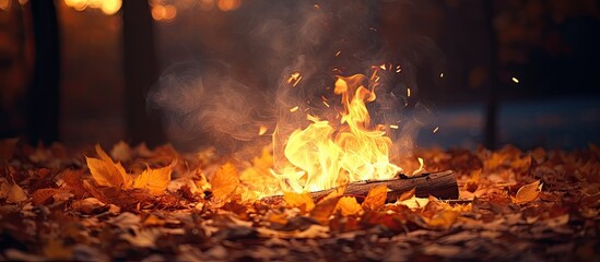 Fire amidst heap of autumn leaves - obrazy, fototapety, plakaty