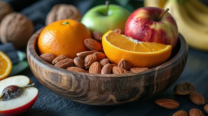 Wooden Bowl With Assorted Fruits and Nuts