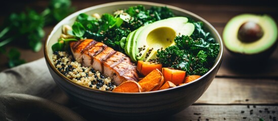 Bowl of Buddha bowl with avocado and grilled chicken breast