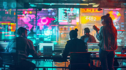 Professionals in a tech-driven workspace analyze information on multiple futuristic screens with virtual interfaces