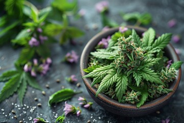 Close-up of fresh cannabis buds in wooden bowl amidst purple flowers suggesting use in herbal medicine - obrazy, fototapety, plakaty