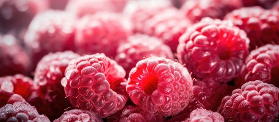 Close up of frost-covered raspberries