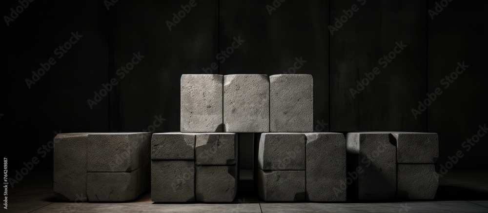Aufkleber in a dark room, multiple concrete pieces are neatly stacked on top of each other, creating an intere
