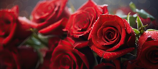 Red roses covered in water droplets