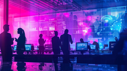 Silhouetted figures work at terminals in a futuristic cyber security center with digital data projections