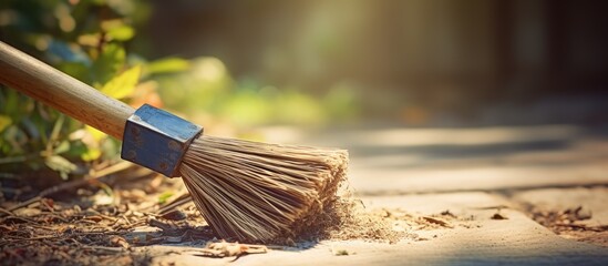 A broom on the ground covered in soil - obrazy, fototapety, plakaty