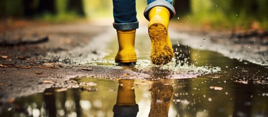Person in yellow rain boots strolling through a puddle - obrazy, fototapety, plakaty