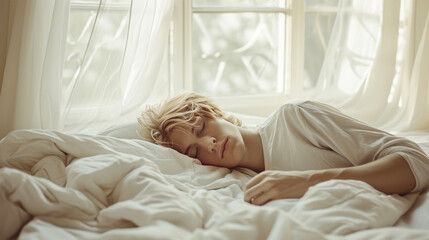 Obraz na płótnie Canvas A 30-year-old man sleeps on a white bed.