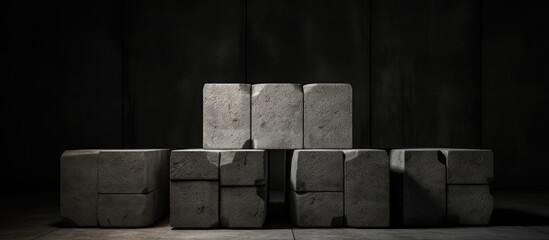 In a dark room, multiple concrete pieces are neatly stacked on top of each other, creating an interesting contrast of light and shadow