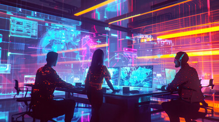A group of professionals sit surrounded by large, interactive screens displaying colorful data in a futuristic command center - obrazy, fototapety, plakaty