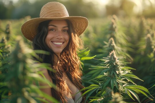 A joyful woman wearing a straw hat is amidst cannabis plants during a golden hour sunset