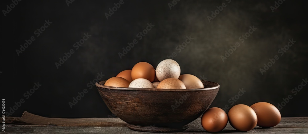 Canvas Prints Eggs in a clay bowl on wooden table against dark backdrop