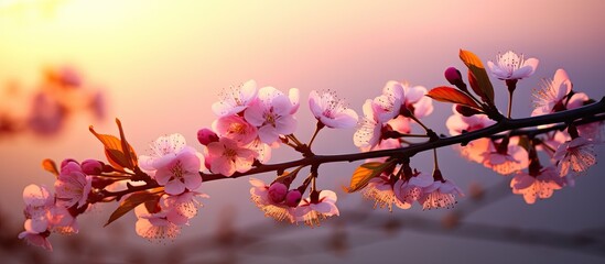 Branch of tree with pink flowers in sunlight