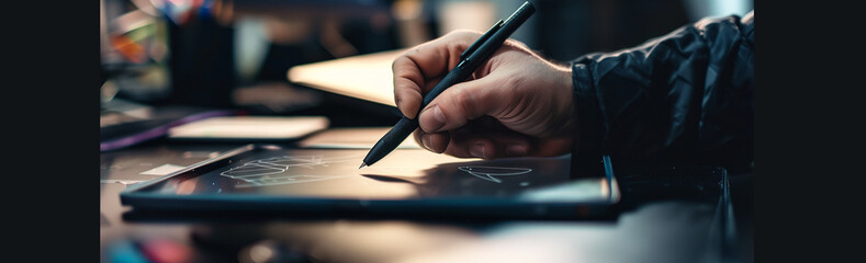 The hand of a designer holding a pen works on a graphic tablet in a dark office - obrazy, fototapety, plakaty