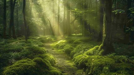 Pathway in a lush green forest with sunlight streaming through the trees. Concept of nature, tranquility, and eco-tourism.