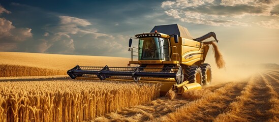 A combine harvester harvesting wheat in a vast field under a cloudy sky