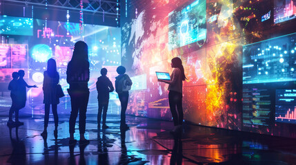 People are silhouetted against a backdrop of brightly colored data screens in a futuristic setting