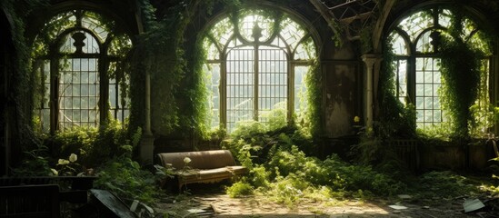 A room with a sofa and a window covered in vines