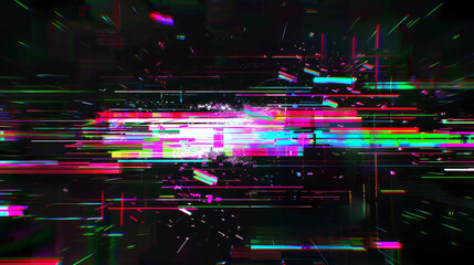 Colorful digital noise and light leaks on black TV screen background, creating dynamic glitch art effect. Abstract backdrop