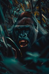 Obraz premium A powerful gorilla with its mouth open, displaying its large teeth, and beating its chest in the dense jungle environment. The gorilla exudes strength and dominance in its natural habitat