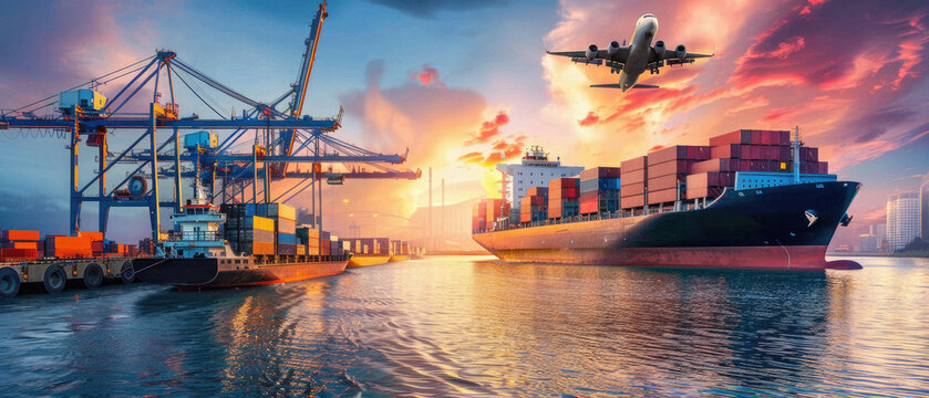 A large cargo ship is sailing in the ocean with a plane flying above it