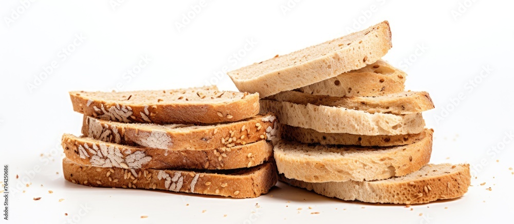 Poster stack of bread slices on white background with space