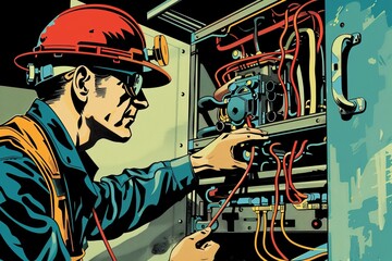 A man wearing a hard hat is actively troubleshooting and repairing a machine. He appears focused and engaged in his work, ensuring the proper functioning of the equipment