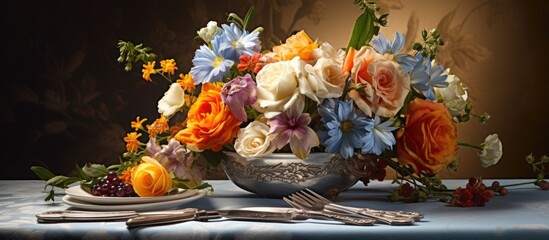 Bowl of flowers and plate of fruit on table