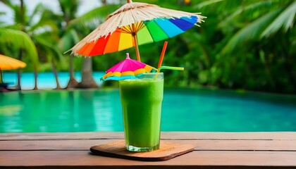 Fototapeta na wymiar Fresh green coconut drink with paper straw and rainbow umbrella on wooden board near pool water tropical beach resort background with copy created with generative ai