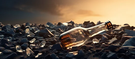 Poster Beer bottle on ground with rocks © Ilgun