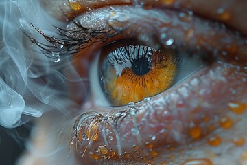 An intense macro of a human eye with delicate droplets and smoke, conveying deep emotions and fragility - obrazy, fototapety, plakaty