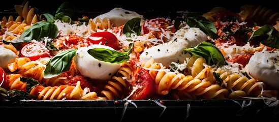 Tray of pasta with fresh mozzarella and tomatoes