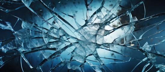 Close up of shattered glass window against sky - obrazy, fototapety, plakaty