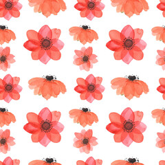 Seamless Japanese anemone pattern, red and pink flowers, Watercolor delicate and matte flowers highlighted on a white background